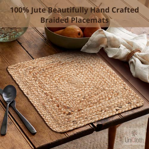 UniQloth Jute Braided Placemats Set of 4 Reversible, 100% Jute, Nonslip 14x14 Square Farmhouse Vintage Jute Placemats for Dining Table, Perfect for Indoor Outdoor, Natural