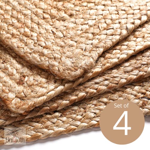 UniQloth Jute Braided Placemats Set of 4 Reversible, 100% Jute, Nonslip 14x14 Square Farmhouse Vintage Jute Placemats for Dining Table, Perfect for Indoor Outdoor, Natural