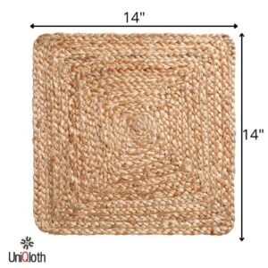 UniQloth Jute Braided Placemats Set of 4 Reversible, 100% Jute, Nonslip 14x14 Square Farmhouse Vintage Jute Placemats for Dining Table, Perfect for Indoor Outdoor, Natural