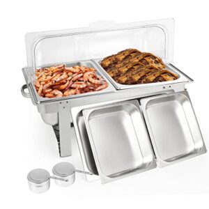 restlrious chafing dish buffet set with roll top plastic cover, stainless steel 8 qt rectangular chafers and buffet warmers set w/half size food pan, water pan, fuel can for catering event party