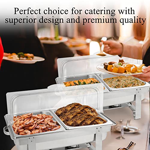 Restlrious Chafing Dish Buffet Set with Roll Top Plastic Cover, Stainless Steel 8 QT Rectangular Chafers and Buffet Warmers Set w/Half Size Food Pan, Water Pan, Fuel Can for Catering Event Party