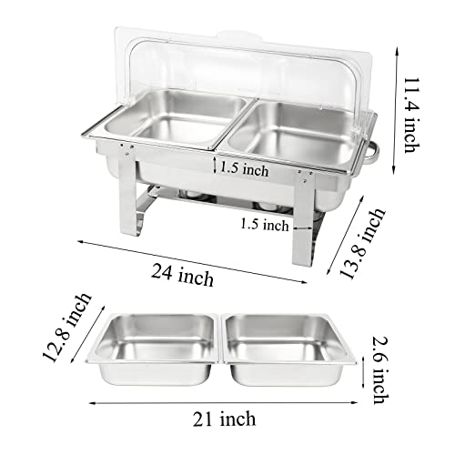 Restlrious Chafing Dish Buffet Set with Roll Top Plastic Cover, Stainless Steel 8 QT Rectangular Chafers and Buffet Warmers Set w/Half Size Food Pan, Water Pan, Fuel Can for Catering Event Party
