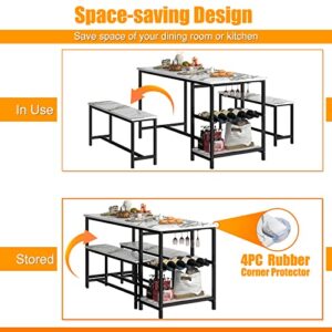 CENOVE Dining Table Set for 4, 3 Piece Kitchen Table with Bench, Small Dining Table Set for Apartment with Wine Rack for Breakfast Nook (White Statuario)