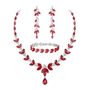 ever faith austrian crystal bridal bridesmaid jewelry sets, elegant marquise rhinestone leaf necklace dangle earrings tennis bracelet set red silver-tone