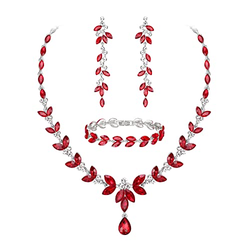 EVER FAITH Austrian Crystal Bridal Bridesmaid Jewelry Sets, Elegant Marquise Rhinestone Leaf Necklace Dangle Earrings Tennis Bracelet Set Red Silver-Tone