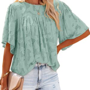 Dokotoo Women Lace Patchwork Green Tops Crewneck Bell Sleeve Babydoll Blouses for Women Fashion 2023 Dressy Casual Green Plus Size Tops Loose Flowy Workout Summer Shirts XX-Large