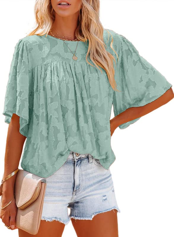 Dokotoo Women Lace Patchwork Green Tops Crewneck Bell Sleeve Babydoll Blouses for Women Fashion 2023 Dressy Casual Green Plus Size Tops Loose Flowy Workout Summer Shirts XX-Large