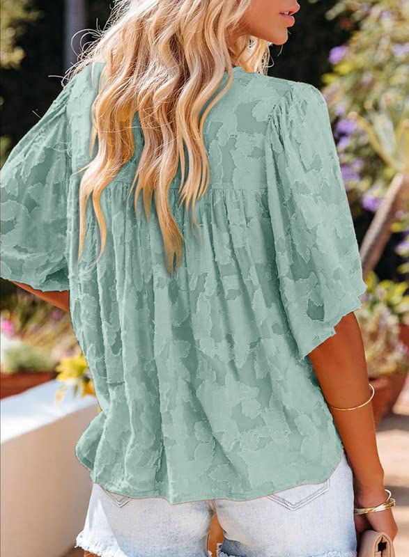 Dokotoo Women Lace Patchwork Green Tops Crewneck Bell Sleeve Babydoll Blouses for Women Fashion 2023 Dressy Casual Green Plus Size Tops Loose Flowy Workout Summer Shirts XX-Large