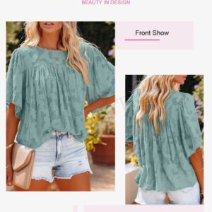 Dokotoo Women Lace Patchwork Green Tops Crewneck Bell Sleeve Babydoll Blouses for Women Fashion 2023 Dressy Casual Green Plus Size Tops Loose Flowy Workout Summer Shirts XX-Large