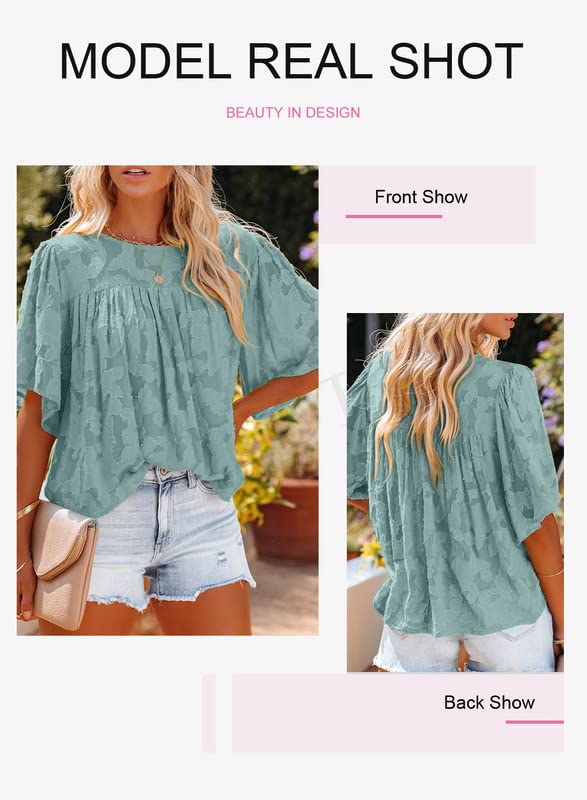 Dokotoo Women Lace Patchwork Green Tops Crewneck Bell Sleeve Babydoll Blouses for Women Fashion 2023 Dressy Casual Green Plus Size Tops Loose Flowy Workout Summer Shirts XX-Large