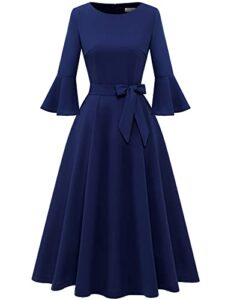 modest dresses for women 3/4 sleeve vintage wedding guest midi dress long sleeve dress for women fit and flare tea party homecoming dress navy l