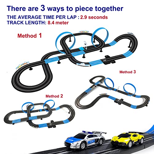 AGM MASETCH High Speed Series Tram Dual Track Set, 8.4m Electric Track with 3 Vehicles Slot car Racing, Comes with 2 Hand Controls and Track Parts and a Lap Counter