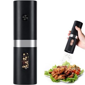 electric pepper grinder, battery operated salt grinder, automatic pepper mill with led light, one-hand button control, adjustable coarseness, black peppercorn grinder refillable, battery not included