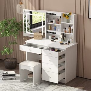 aiegle large vanity desk set with sliding lighted mirror, makeup dressing table with hidden shelves & cushioned stool, white - sliding lighted mirror