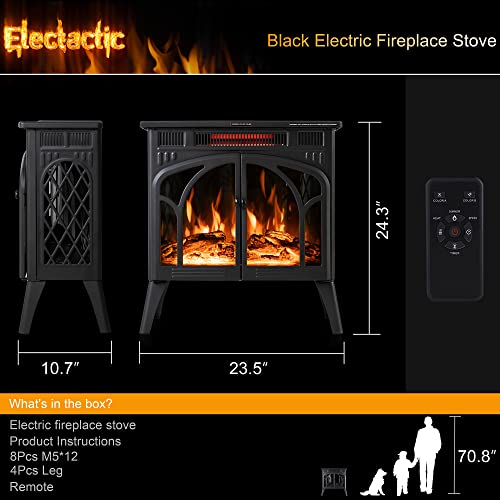 Electactic 24Inch Electric Fireplace Stove , Free-Standing Infrared Fireplace Stove, Controllable 3D Flame, 4 Variable Flame&Log Colors, 1500w, 5100BTU, Black (S230B-BLACK), 23.5"L X 10.7"W X 24.3"H