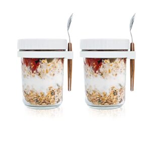 smarch overnight oats jars with lid and spoon set of 2, 16 oz large capacity airtight oatmeal container with measurement marks, mason jars with lid for cereal on the go container (white)