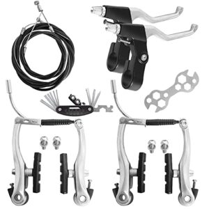 gashwer complete bike brakes set, universal bike front and rear mtb brake, inner and outer callipers cables lever kit with multi-tool wrenches silver