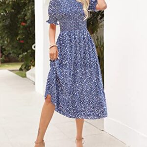 Maggeer 2023 Summer Cute Boho Tiered Puff Short Sleeve Smocked Midi Dresses for Women Blue-1 XS