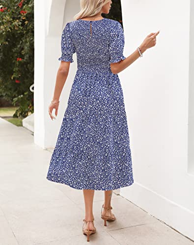 Maggeer 2023 Summer Cute Boho Tiered Puff Short Sleeve Smocked Midi Dresses for Women Blue-1 XS