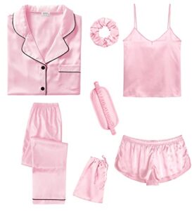 swomog womens silk satin pajamas sets 7pcs sleepwear sexy cami shorts set and button down short sleeve pj loungewear pink