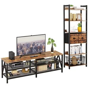 furologee tv stand with 3-tier open storage shelves and 6-tier bookshelf, tall rustic bookcase with 2 drawers storage organizer,