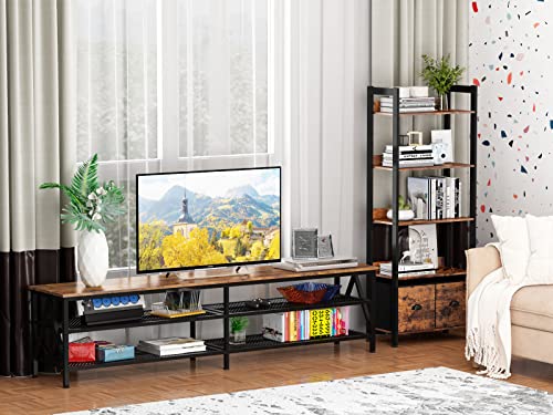 Furologee TV Stand with 3-Tier Open Storage Shelves and 6-Tier Bookshelf, Tall Rustic Bookcase with 2 Drawers Storage Organizer,