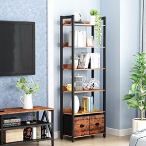 Furologee TV Stand with 3-Tier Open Storage Shelves and 6-Tier Bookshelf, Tall Rustic Bookcase with 2 Drawers Storage Organizer,