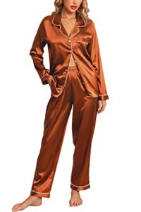 anjue women's pajamas set long sleeve satin pjs silk pajamas casual lounge set button down pjs sets sleepwear(orange,xxl)