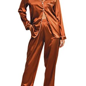 Anjue Women's Pajamas Set Long Sleeve Satin Pjs Silk Pajamas Casual Lounge Set Button Down Pjs Sets Sleepwear(Orange,XXL)