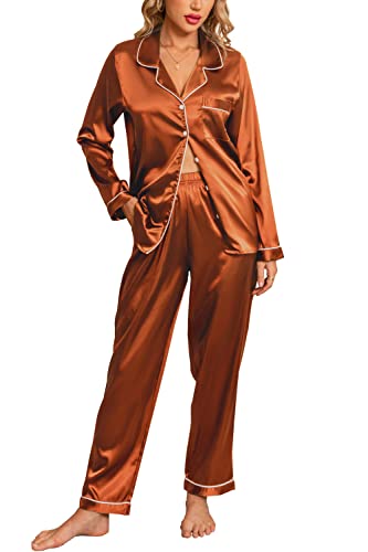 Anjue Women's Pajamas Set Long Sleeve Satin Pjs Silk Pajamas Casual Lounge Set Button Down Pjs Sets Sleepwear(Orange,XXL)