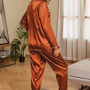 Anjue Women's Pajamas Set Long Sleeve Satin Pjs Silk Pajamas Casual Lounge Set Button Down Pjs Sets Sleepwear(Orange,XXL)