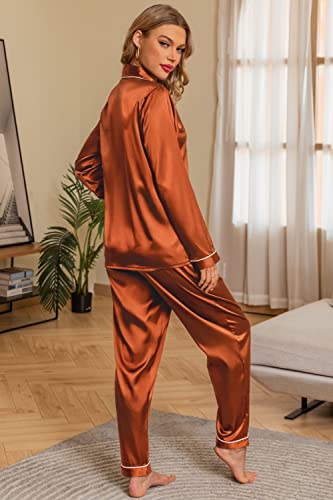 Anjue Women's Pajamas Set Long Sleeve Satin Pjs Silk Pajamas Casual Lounge Set Button Down Pjs Sets Sleepwear(Orange,XXL)