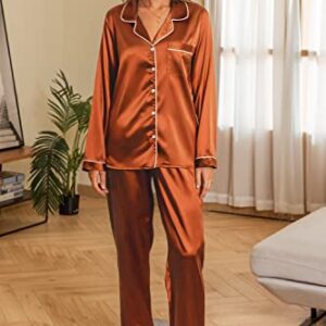 Anjue Women's Pajamas Set Long Sleeve Satin Pjs Silk Pajamas Casual Lounge Set Button Down Pjs Sets Sleepwear(Orange,XXL)