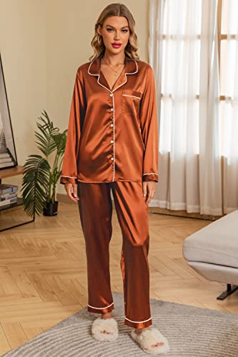 Anjue Women's Pajamas Set Long Sleeve Satin Pjs Silk Pajamas Casual Lounge Set Button Down Pjs Sets Sleepwear(Orange,XXL)