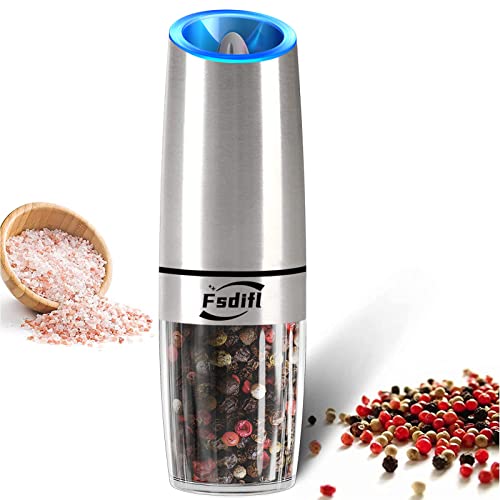 Fsdifly Electric Salt and Pepper Grinder - Battery Operated Automatic Salt and Pepper Mills with Blue Light, Electric Salt and Pepper Grinder set - Adjustable Coarseness, One Handed Operation