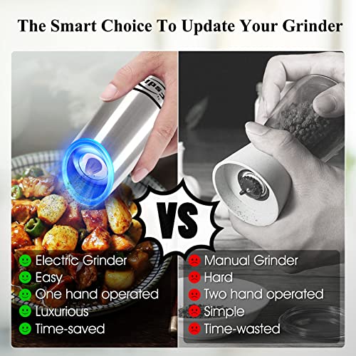 Fsdifly Electric Salt and Pepper Grinder - Battery Operated Automatic Salt and Pepper Mills with Blue Light, Electric Salt and Pepper Grinder set - Adjustable Coarseness, One Handed Operation