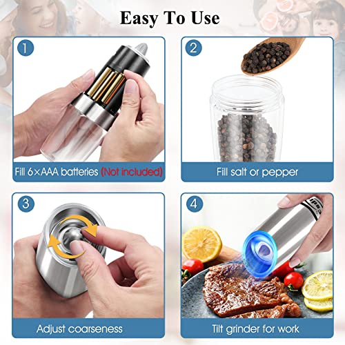 Fsdifly Electric Salt and Pepper Grinder - Battery Operated Automatic Salt and Pepper Mills with Blue Light, Electric Salt and Pepper Grinder set - Adjustable Coarseness, One Handed Operation