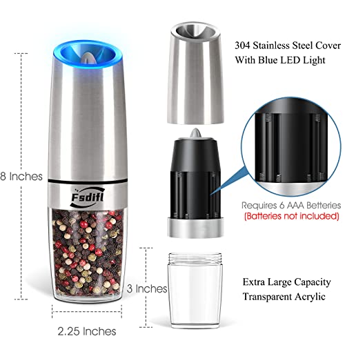 Fsdifly Electric Salt and Pepper Grinder - Battery Operated Automatic Salt and Pepper Mills with Blue Light, Electric Salt and Pepper Grinder set - Adjustable Coarseness, One Handed Operation