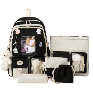 tabana kawaii aesthetic school backpack 5pcs combo set with cute bear pendant pins daypack small laptop school bag essential kit (black)