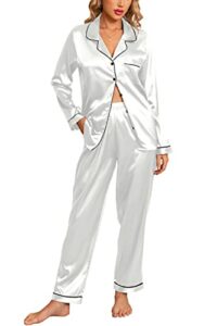 anjue women's silk satin pjs set button down sleep shirt long sleepwear white pajama set bridal pajamas(white,l)