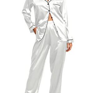 Anjue Women's Silk Satin Pjs Set Button Down Sleep Shirt Long Sleepwear White Pajama Set Bridal Pajamas(White,L)