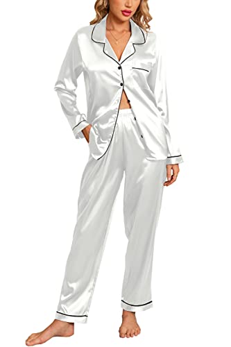 Anjue Women's Silk Satin Pjs Set Button Down Sleep Shirt Long Sleepwear White Pajama Set Bridal Pajamas(White,L)