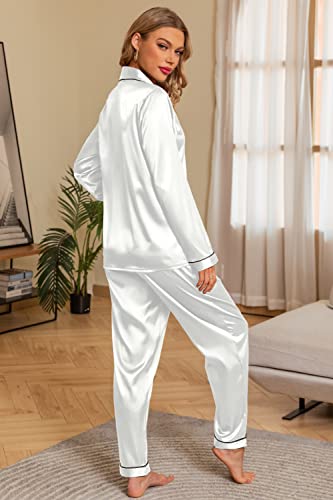 Anjue Women's Silk Satin Pjs Set Button Down Sleep Shirt Long Sleepwear White Pajama Set Bridal Pajamas(White,L)