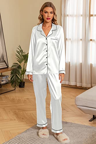 Anjue Women's Silk Satin Pjs Set Button Down Sleep Shirt Long Sleepwear White Pajama Set Bridal Pajamas(White,L)