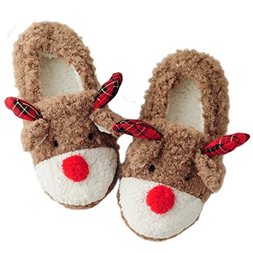 Nixlepus Women's Reindeer Slippers Bedroom House Animal Slipper Cozy Furry Christmas Red Nose Reindeer Rudolph Winter (Size EU 39/US 9/UK 7)