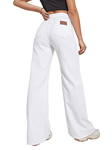 SweatyRocks Women's High Waisted Straight Wide Leg Jeans Boyfriend Denim Pants with Pockets White L