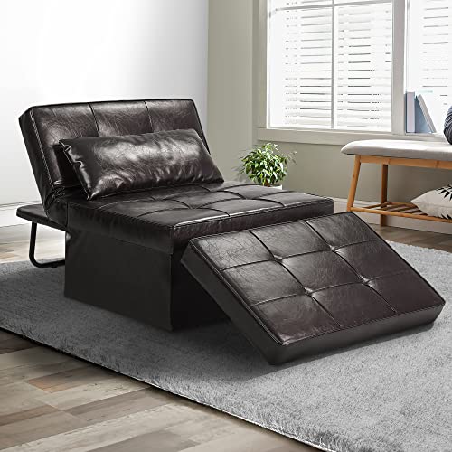 Diophros Faux Leather Sofa Bed, 4 in 1 Convertible Chair Multi-Function Folding Ottoman Guest Bed with Adjustable Sleeper for Small Room Apartment