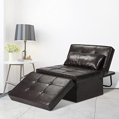 Diophros Faux Leather Sofa Bed, 4 in 1 Convertible Chair Multi-Function Folding Ottoman Guest Bed with Adjustable Sleeper for Small Room Apartment