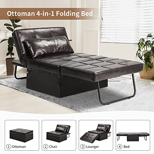 Diophros Faux Leather Sofa Bed, 4 in 1 Convertible Chair Multi-Function Folding Ottoman Guest Bed with Adjustable Sleeper for Small Room Apartment