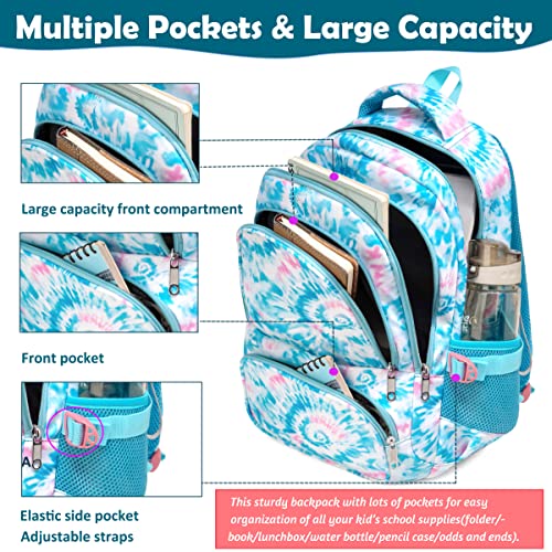 BLUEFAIRY Tie Dye Backpack for Girls Kids Primary Bookbags for Teens Elementary Middle School Bags Blue Spiral Print Adorable Travel Gifts Age 5-9 Mochila para Niños 17 Inch